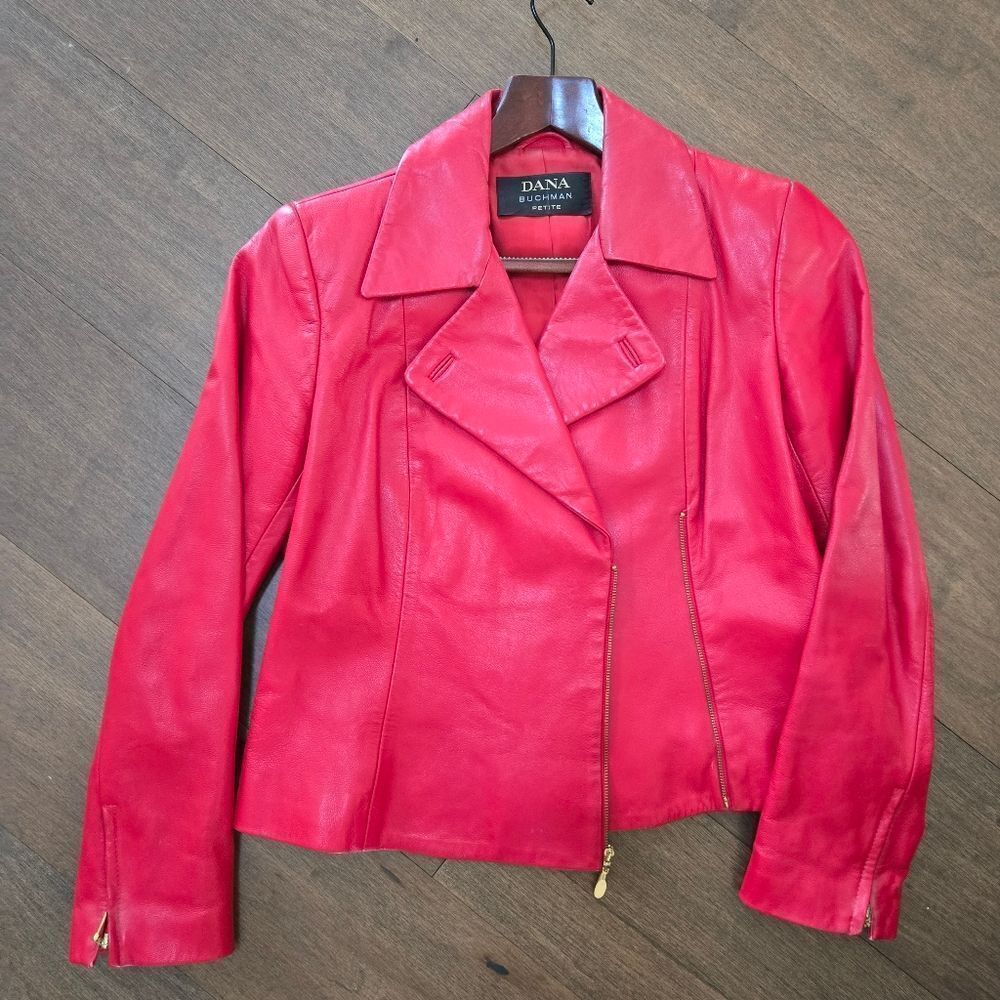 Vintage Dana Buchman Red Leather Moto Jacket Size S Petite